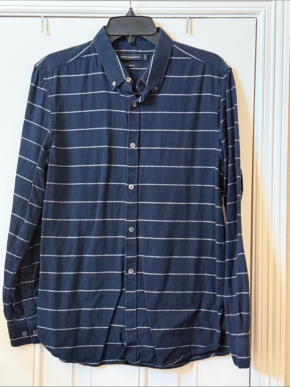 French Connection Men's Slim Fit Striped Button Down Shirt Navy white L